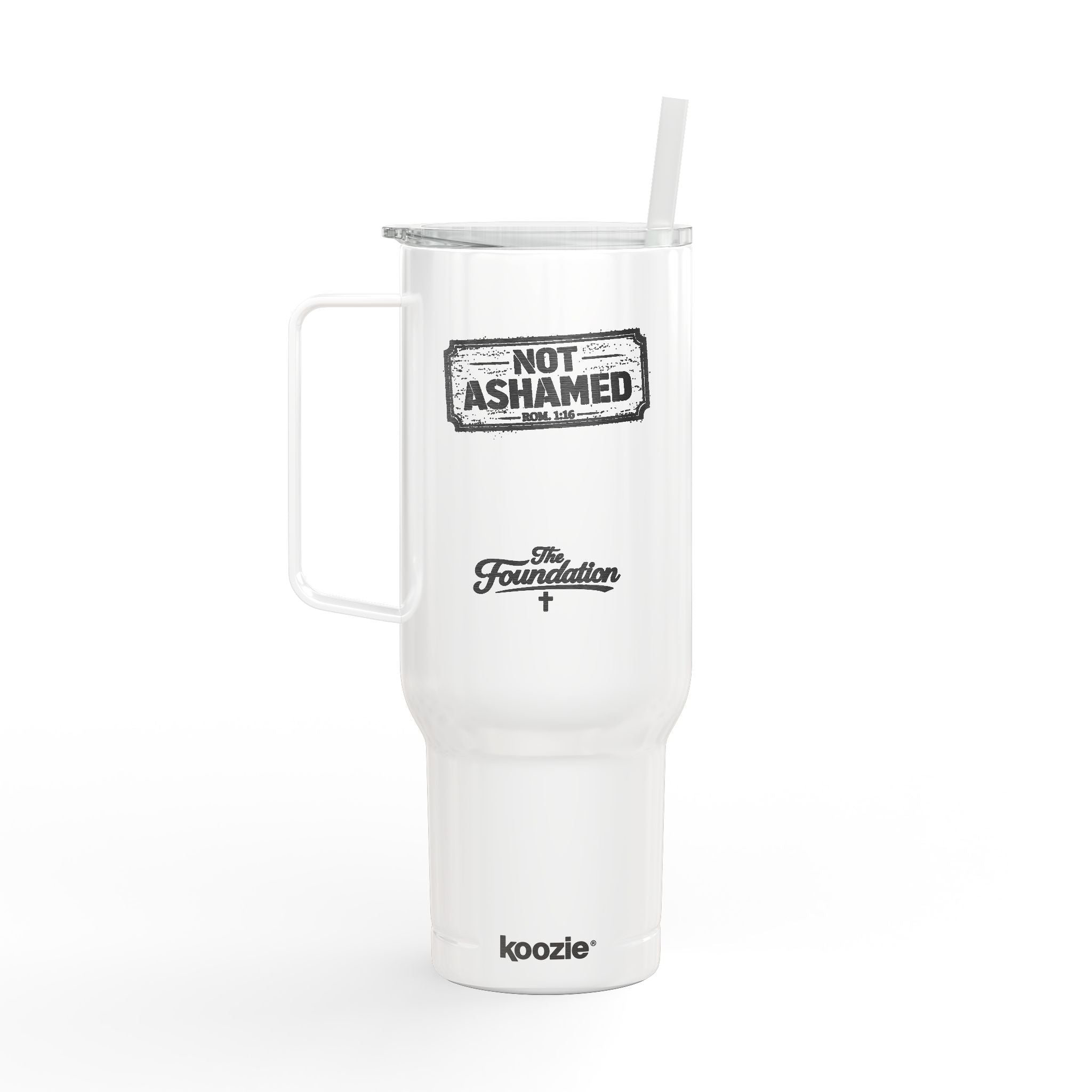 Not Ashamed — Romans 1:16 Engraved 40oz Travel Mug | Insulated Koozie Tumbler with Handle | Christian Statement Gift | The Foundation Collection