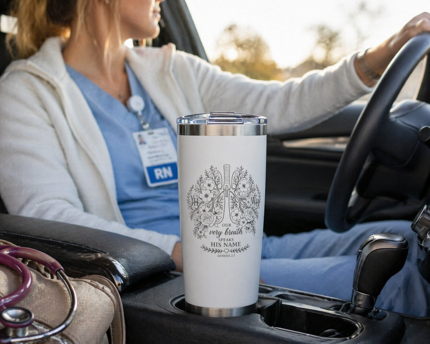 Every Breath Speaks His Name – Genesis 2:7 Engraved 20 oz Tumbler (Botanical Lung Design, YHWH Christian Gift)