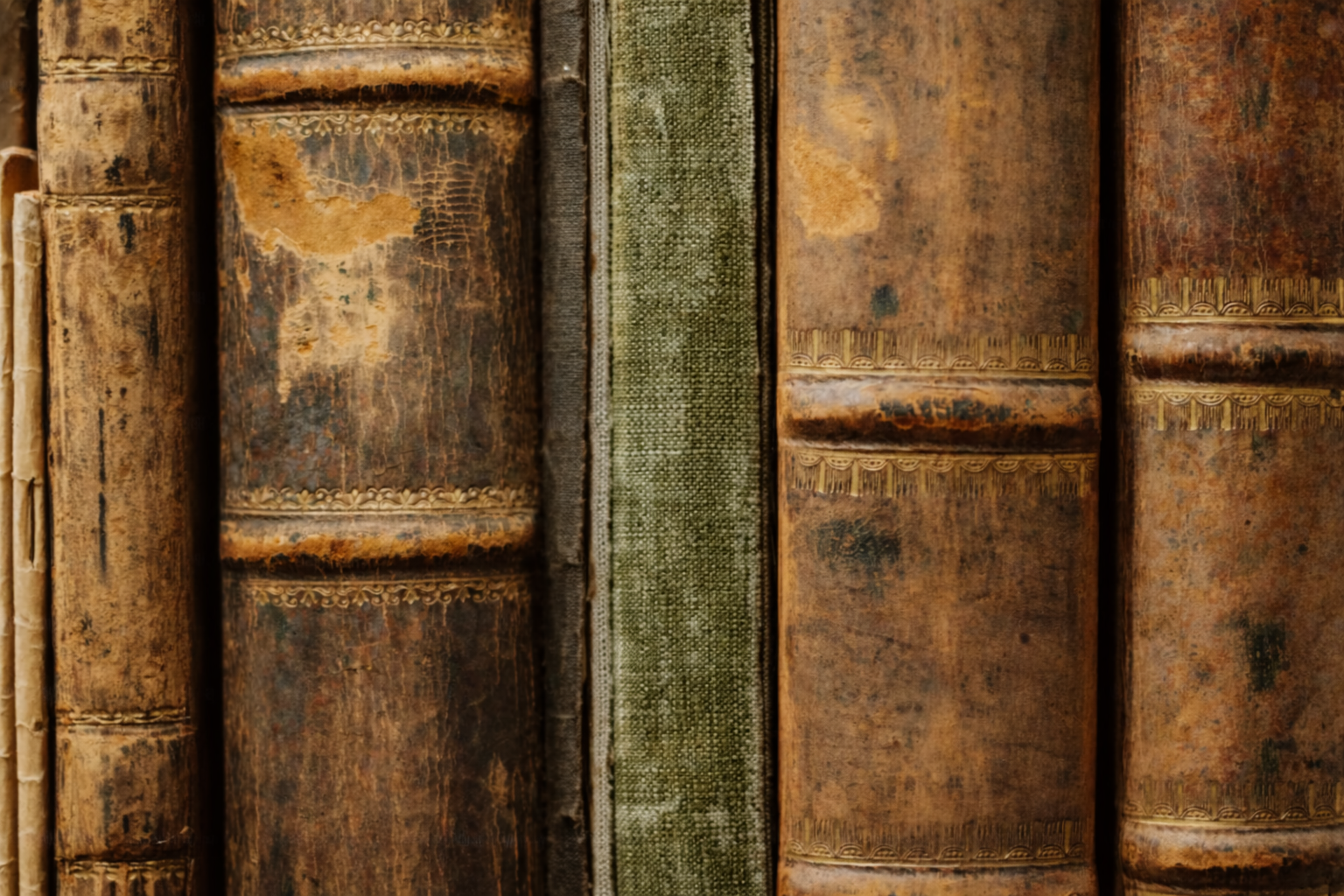 Close-up of old, worn books with visible wear and tear.