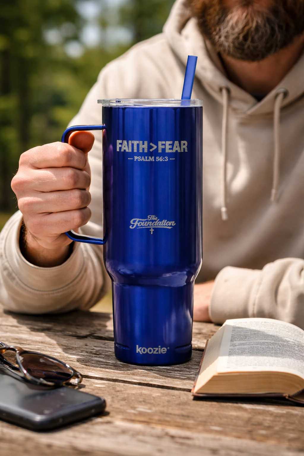 Faith > Fear — Psalm 56:3 Engraved 40oz Travel Mug | Insulated Koozie Tumbler with Handle | Christian Gift | The Foundation Collection