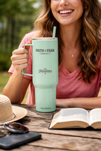 Faith > Fear — Psalm 56:3 Engraved 40oz Travel Mug | Insulated Koozie Tumbler with Handle | Christian Gift | The Foundation Collection