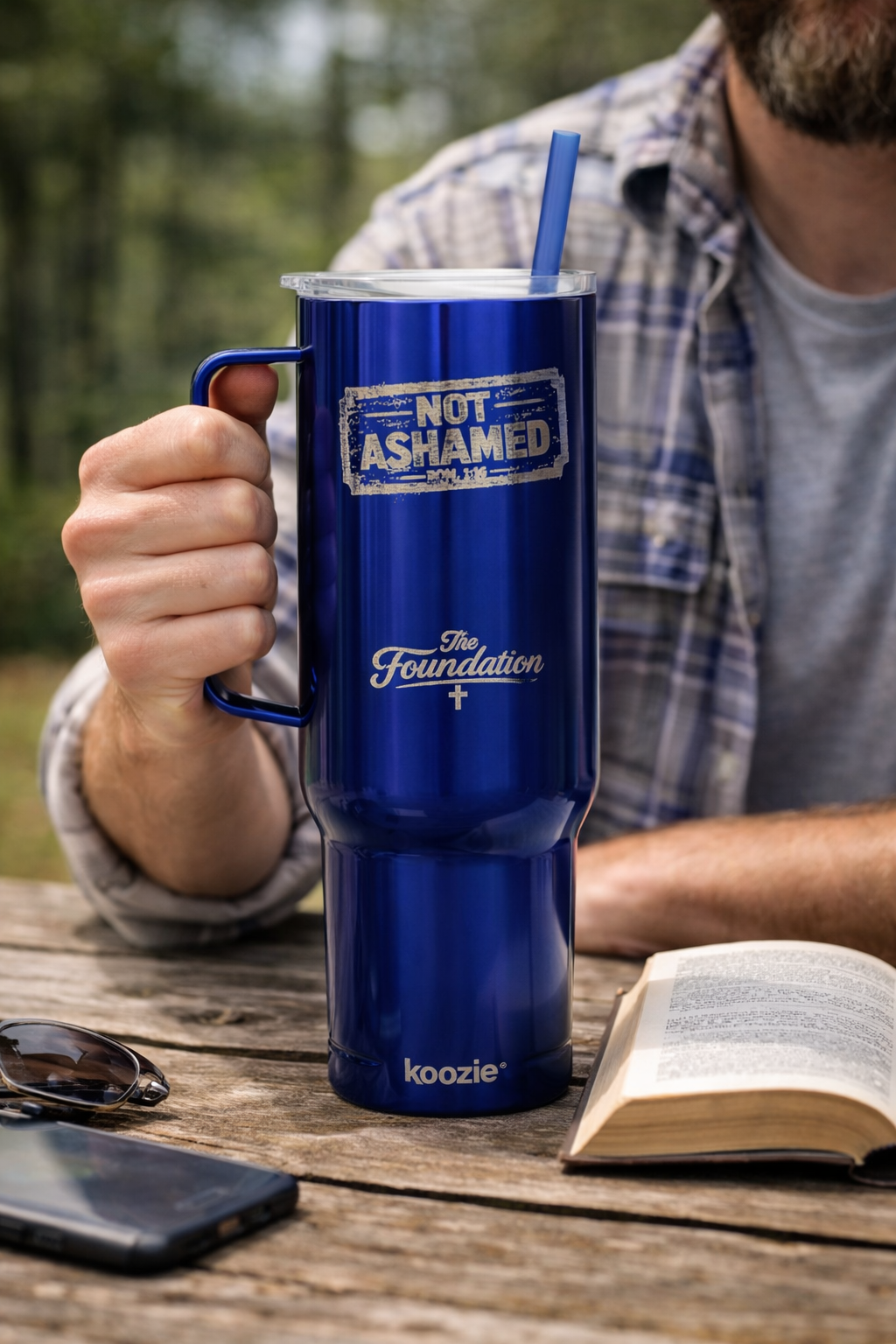 Not Ashamed — Romans 1:16 Engraved 40oz Travel Mug | Insulated Koozie Tumbler with Handle | Christian Statement Gift | The Foundation Collection
