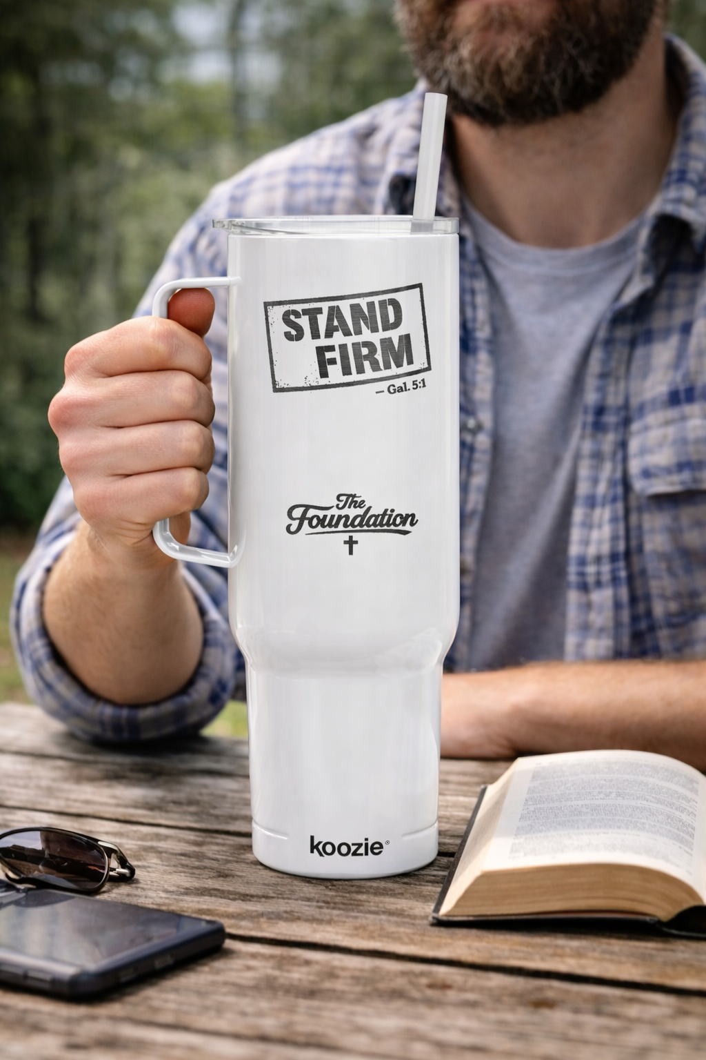 Stand Firm — Galatians 5:1 Engraved 40oz Travel Mug | Insulated Koozie Tumbler with Handle | Christian Faith Gift | The Foundation Collection