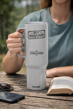 Not Ashamed — Romans 1:16 Engraved 40oz Travel Mug | Insulated Koozie Tumbler with Handle | Christian Statement Gift | The Foundation Collection
